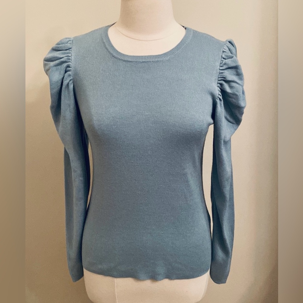 Catherine Malandrino M Blue Puff Ruched Old Money Minimalist Chic Knit Sweater